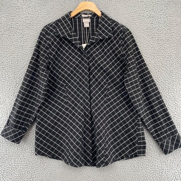 Chicos Top Womens 0.5 US Small Black No Iron Sateen Wing Collar Windowpane NWT - Picture 10 of 10